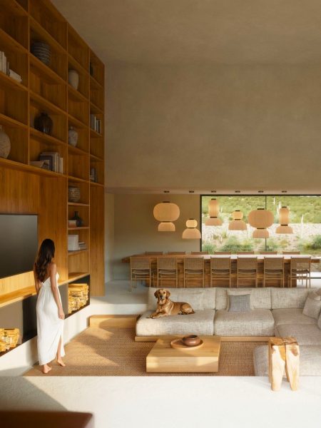 Warm Minimalist Living Room with Wooden Shelving, Cozy Decor and Scenic Garden Views - MyLi house