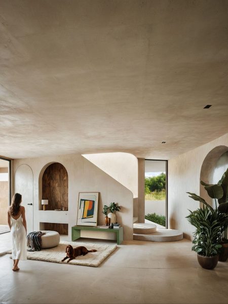 Minimalist Modern Living Room with Natural Light and Curved Architecture - JAB house