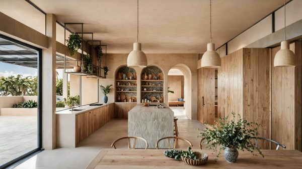Contemporary Kitchen and Dining Area with Natural Wood and Soft Lighting - JAB house