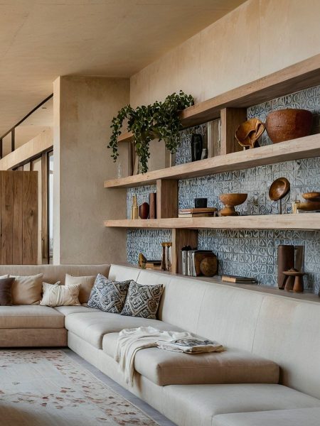 Cozy Living Room with Natural Wood Shelving and Geometric Tile Backdrop - JAB house