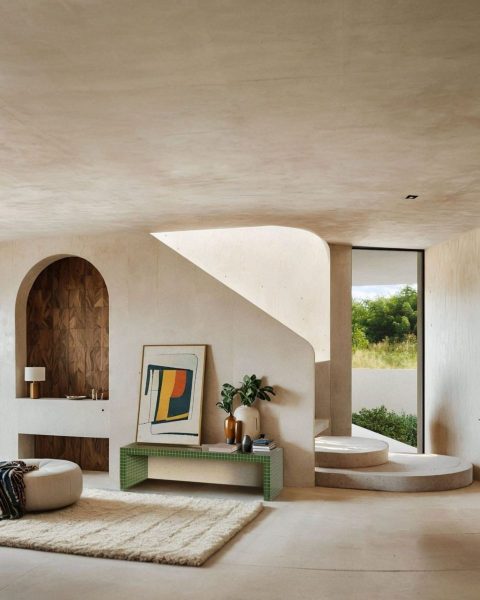 Minimalist Interior with Curved Wall Niche, Natural Light, and Artistic Accents - JAB house