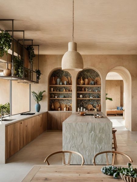 Warm Modern Kitchen with Natural Materials and Arched Shelving - JAB house