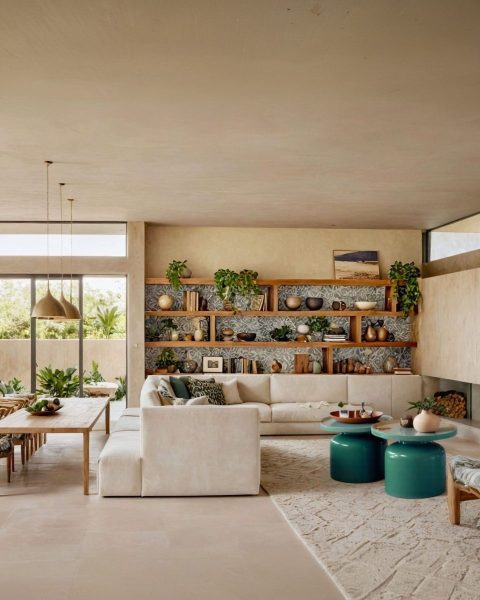 Modern Cozy Living Room with Natural Wood Shelves and Soft Neutral Tones - JAB house