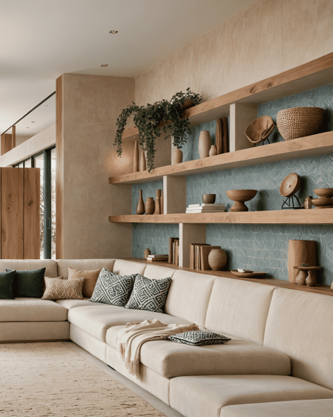Cozy Living Room with Natural Wood Shelving and Geometric Tile Backdrop - JAB house