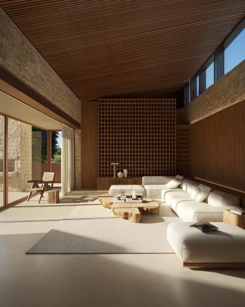 Modern living room with wooden ceiling and natural materials - IB house
