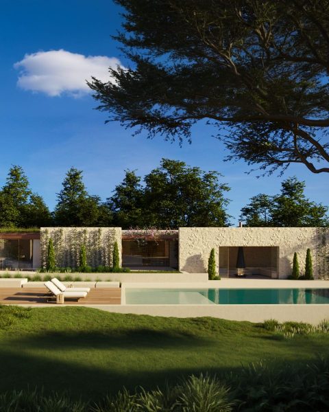 Modern outdoor pool area with sun loungers and surrounding greenery - IB house