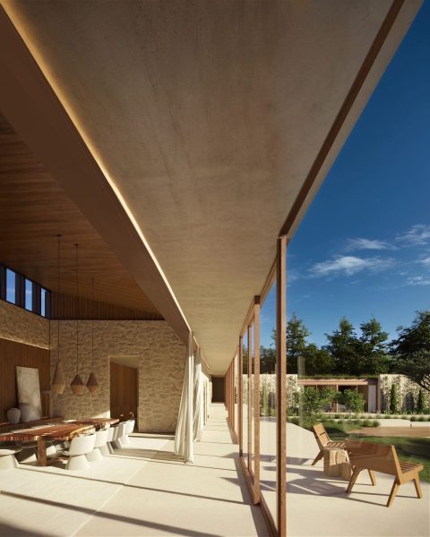 Elegant terrace with dining area and pool view in a modern home - IB house
