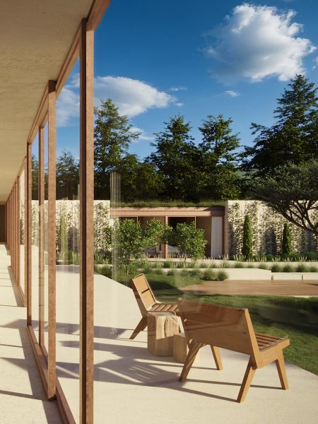 Serene outdoor lounge with wooden veranda and garden view - IB house