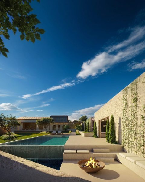 Modern outdoor pool area with fire feature - IB house