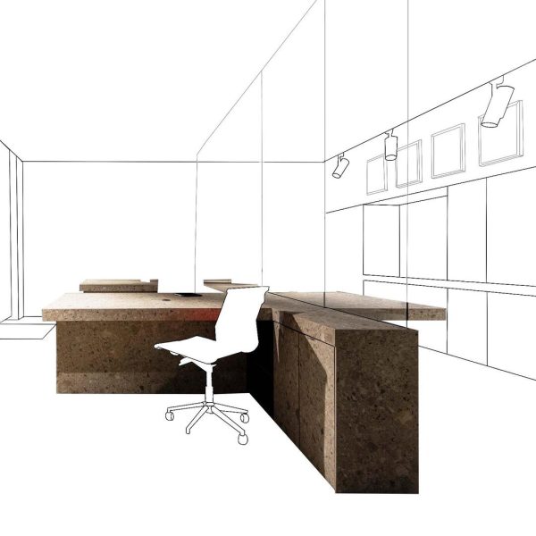 Modern workspace with L-shaped desk and architectural sketch overlay - Piranha Tattoo Studios