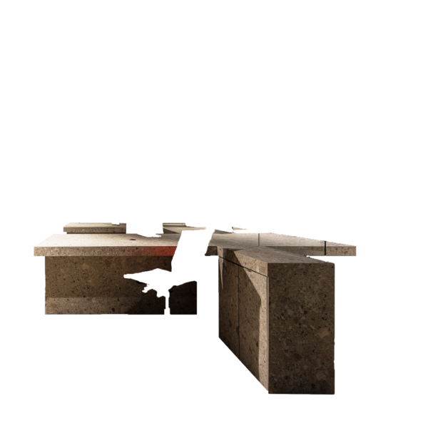 Contemporary L-shaped stone desk in minimalist office setup - Piranha Tattoo Studios