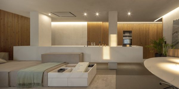 Modern Elegant Open-Plan Living Space with Wooden Accents and Soft Lighting - Coffee/Side tables (things)