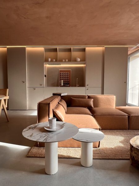Modern Cozy Living Room with Leather Sofa, Fireplace, and Natural Light - Coffee/Side tables (things)