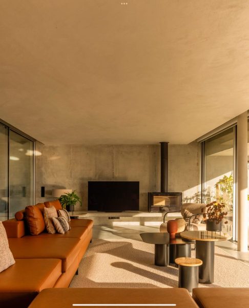 Modern Cozy Living Room with Leather Sofa, Fireplace, and Natural Light - Coffee/Side tables (things)