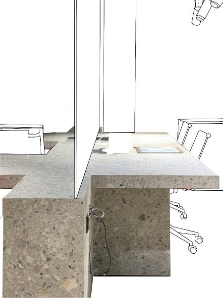 Hybrid workspace with granite desk and sketch overlay - Piranha Tattoo Studios
