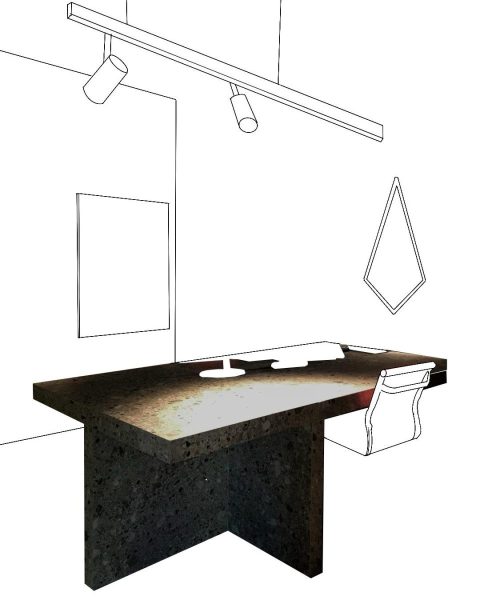 Minimalist workspace with granite desk and suspended lighting - Piranha Tattoo Studios
