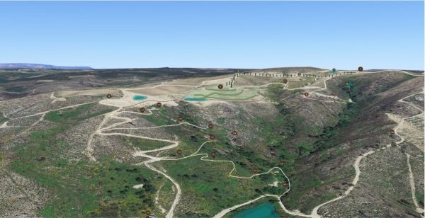 Aerial view of rugged terrain with winding trails, scattered water bodies, and historic ruins under clear blue sky - QVVV Master Plan