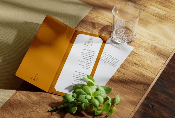 Natural wooden table with book, paper, herbs and glass - Xai-Xai hotel
