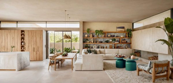 Open-Concept Living and Dining Room with Natural Light and Wood Accents - JAB house