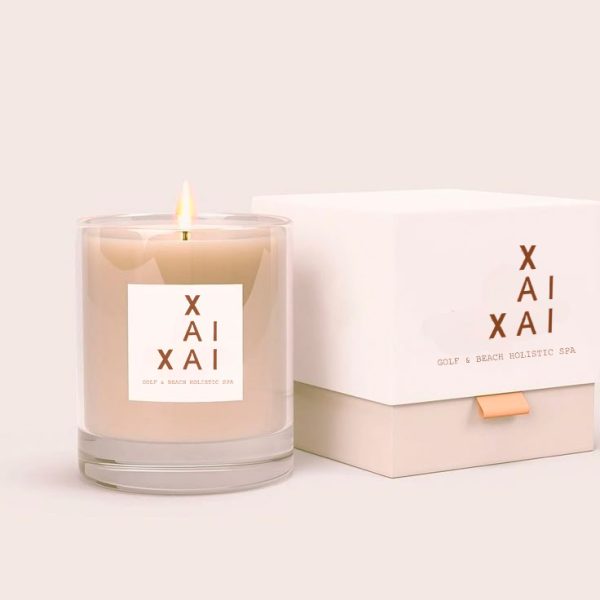 Luxury XAI Spa candle and packaging with minimalist aesthetic - Xai-Xai hotel