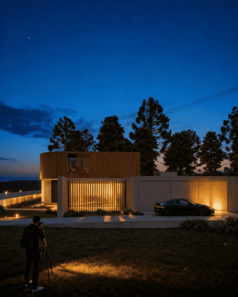 vista lateral garagem corte noite fotografo
